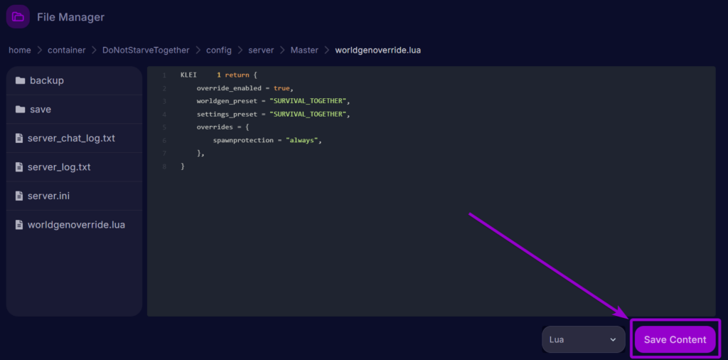 Cybrancee Dont Starve Together WorldGen File Spawn Protection Setting Save Button Outlined