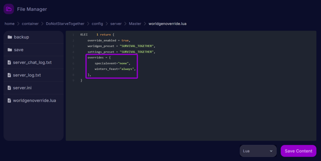 Cybrancee Dont Starve Together WorldGen File Winter Events Setting Outlined