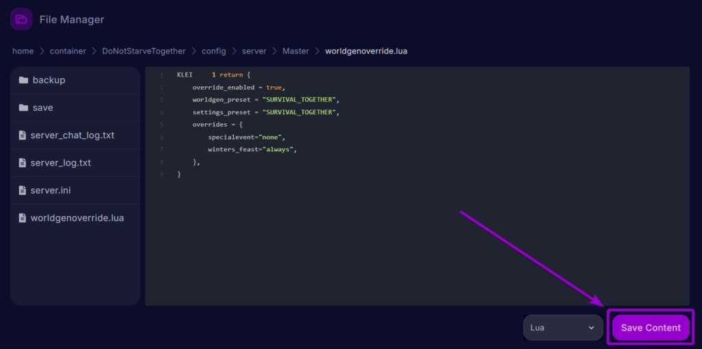 Cybrancee Dont Starve Together WorldGen File Winter Events Setting Save Button Outlined