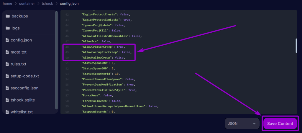 Cybrancee Terraria Panel Files Config Biome Creep Settings Changed And Save Button Outlined