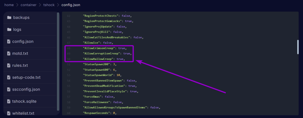 Cybrancee Terraria Panel Files Config Biome Creep Settings Outlined