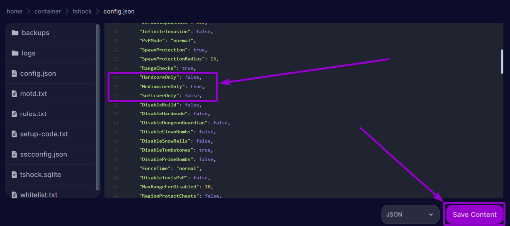 Cybrancee Terraria Panel Files Config Character Settings Changed And Save Button Outlined