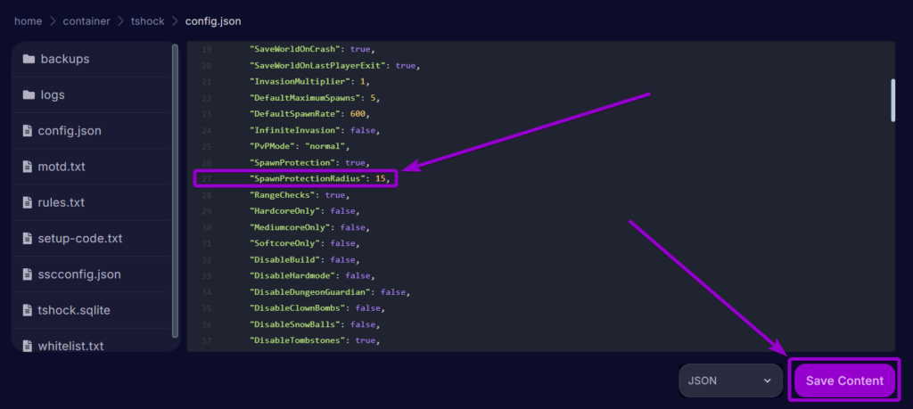 Cybrancee Terraria Panel Files Config Spawn Protection Settings Changed And Save Button Outlined