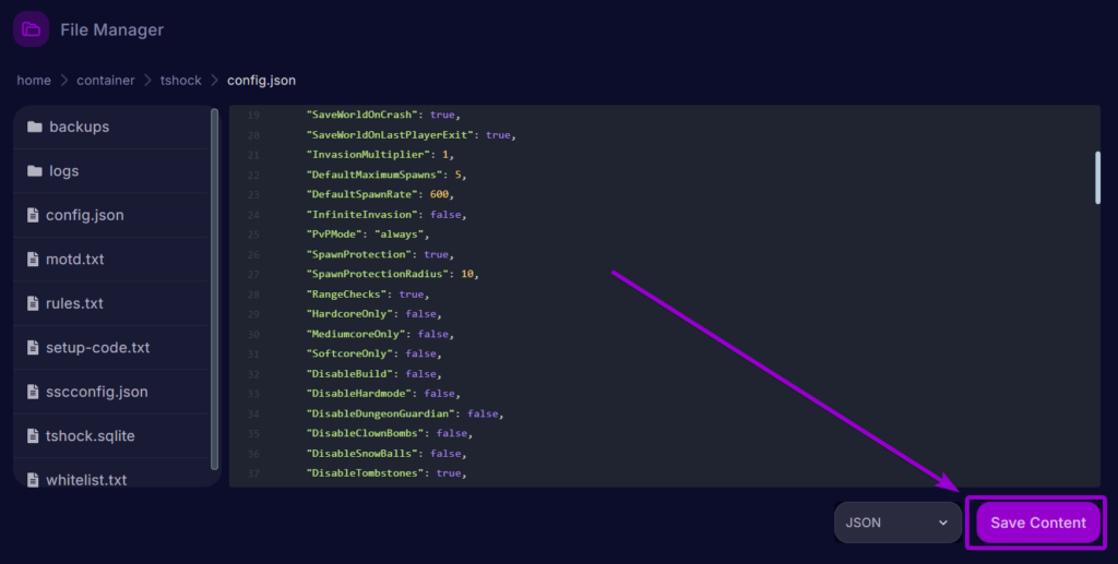Cybrancee Terraria Panel Files Tab PvP Mode Outlined