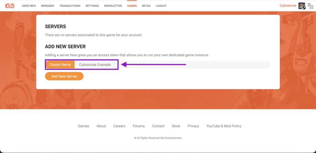 Klei Entertainment account dashboard under the 'Games' tab, showing the 'Cluster Name' field with "Cybrancee Example" entered and the 'Add New Server' button for Don't Starve Together.
