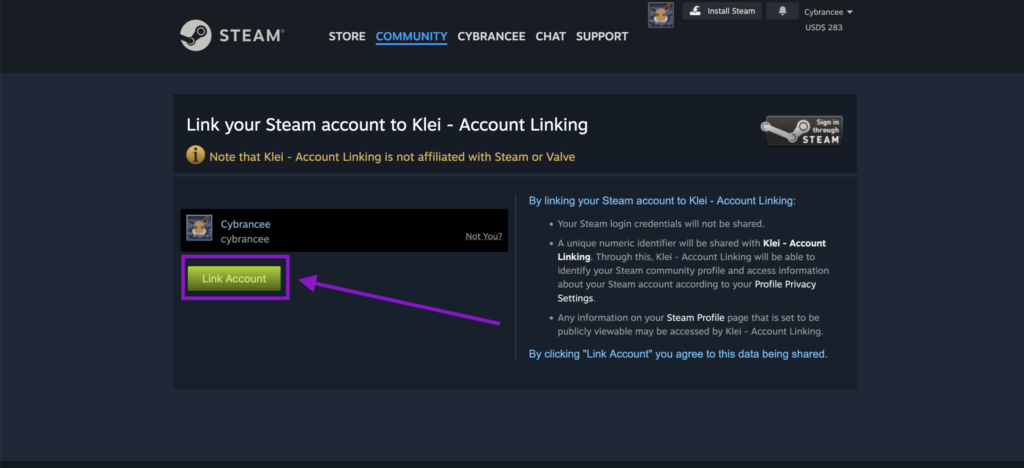 Steam Community page showing the "Link your Steam account to Klei - Account Linking" interface, with the 'Link Account' button highlighted for account integration.