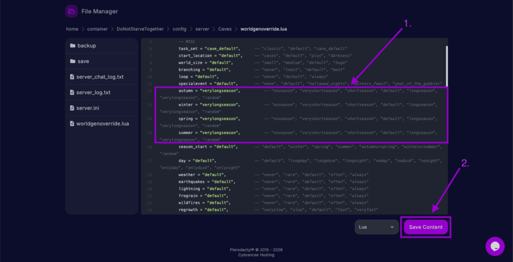 Cybrancee File Manager displaying the worldgenoverride.lua file for a Don't Starve Together server, with the duration for autumn, winter, spring, and summer set to 'verylongseason' and the 'Save Content' button highlighted.