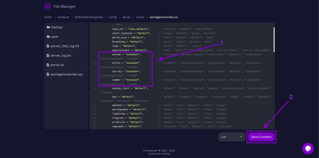 Cybrancee File Manager displaying the worldgenoverride.lua file for a Don't Starve Together server, with the duration for autumn, winter, spring, and summer set to 'noseason' and the 'Save Content' button highlighted.