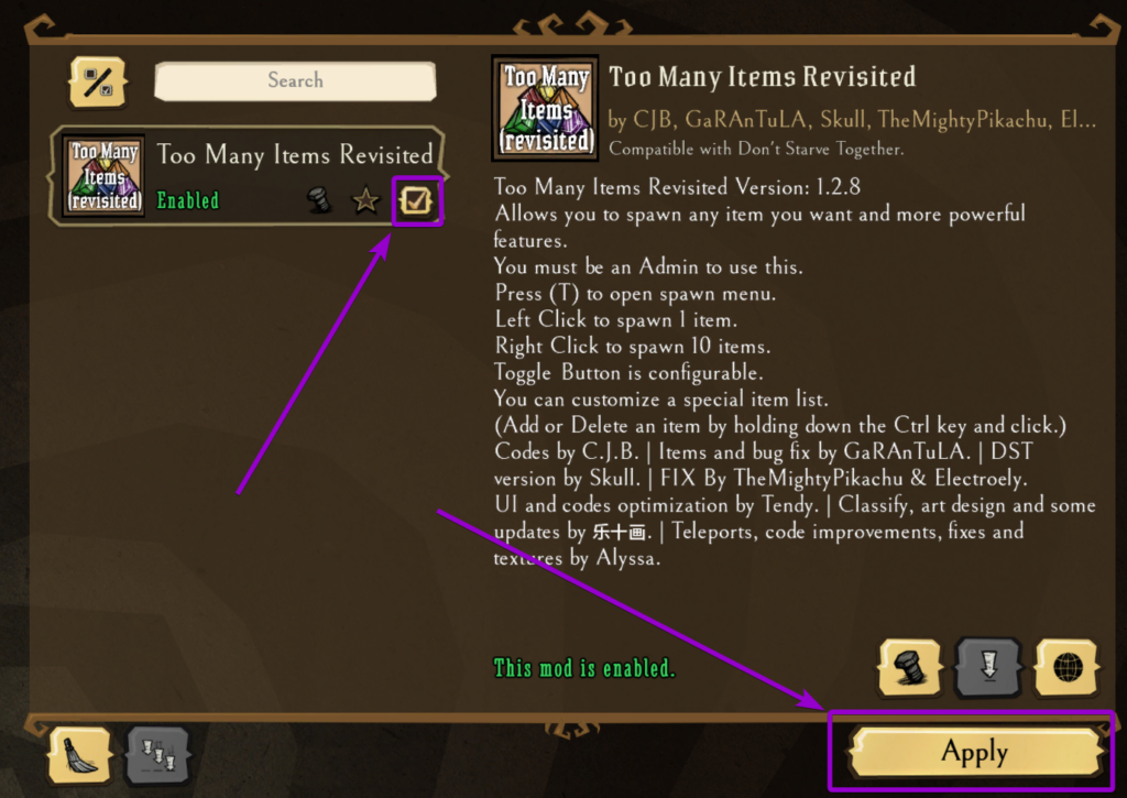 Dont Starve Together Game Play Items Mod Apply Button Outlined