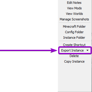 'Export instance' outlined with arrow