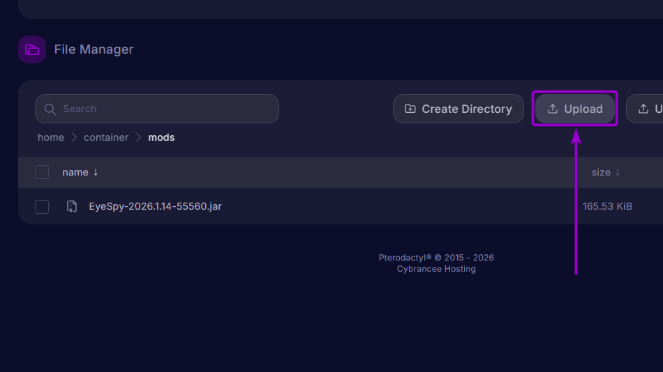 EyeSpy 'Upload' button outlined with arrow - Hytale CB Panel
