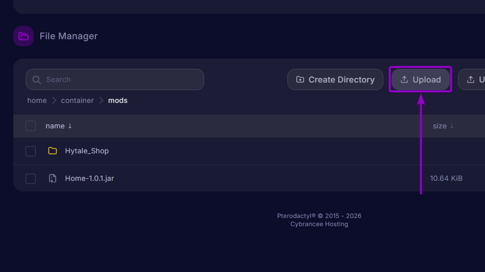 Home 'Upload' button outlined with arrow - Hytale CB Panel