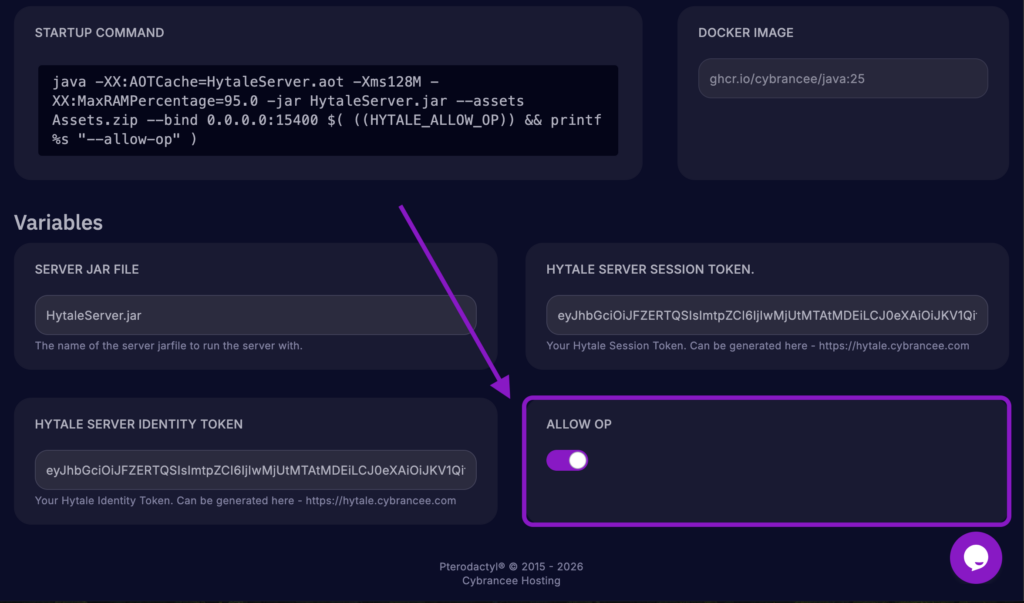 Cybrancee Panel Variables showing the 'Allow OP' toggle enabled for a Hytale server.