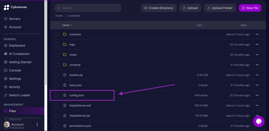 Cybrancee Panel File Manager with the config.json file highlighted for a Hytale server.