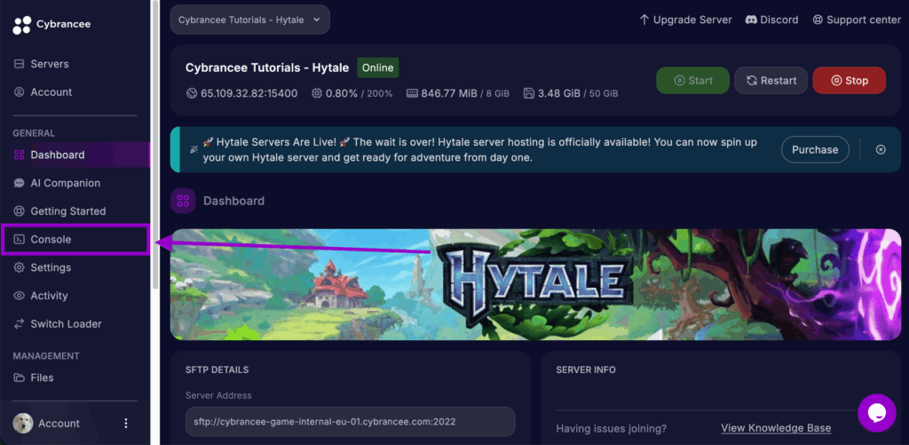 Cybrancee Panel Console tab highlighted for Hytale server.