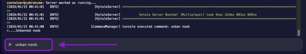 Cybrancee Panel Console with the command to unban a player highlighted for a Hytale server.