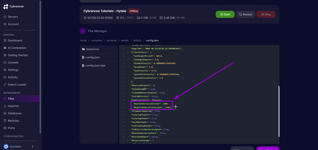 Hytale Day and Night Settings - Cybrancee Panel