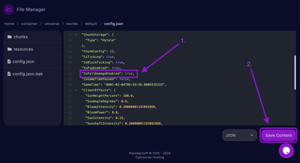 Cybrancee File Manager displaying the config.json file for the 'default' world, with the IsFallDamageEnabled field set to true and the 'Save Content' button highlighted for a Hytale server.
