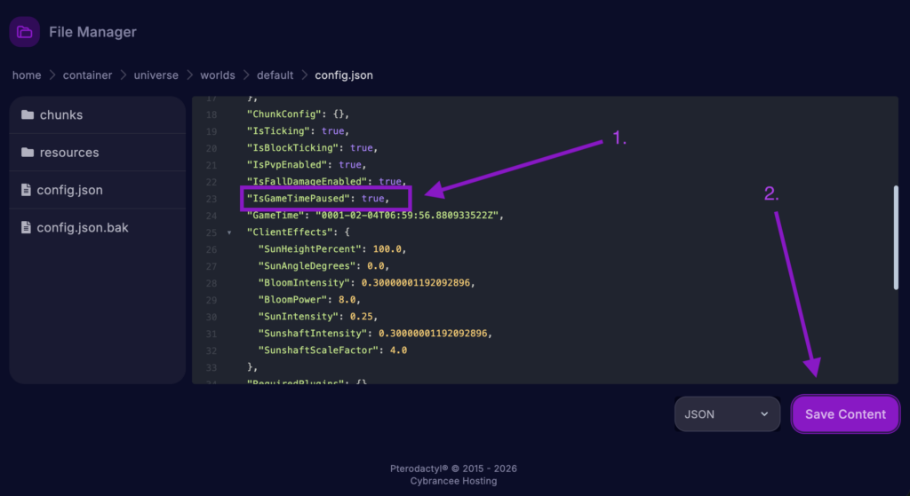 Cybrancee File Manager displaying the config.json file for the 'default' world, with the IsGameTimePaused field set and the 'Save Content' button highlighted for a Hytale server.