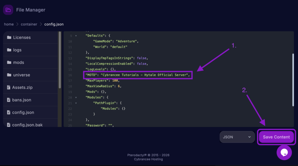 Cybrancee File Manager displaying the config.json file with the MOTD field set and the 'Save Content' button highlighted for a Hytale server.