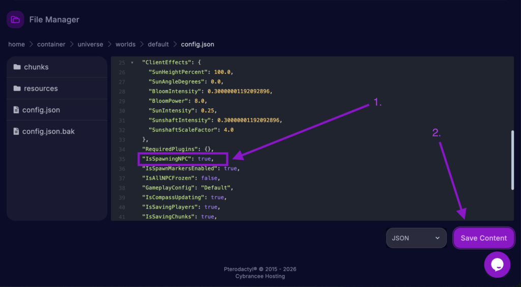 Cybrancee File Manager displaying the config.json file for the 'default' world, with the IsSpawningNPC field set to true and the 'Save Content' button highlighted for a Hytale server.