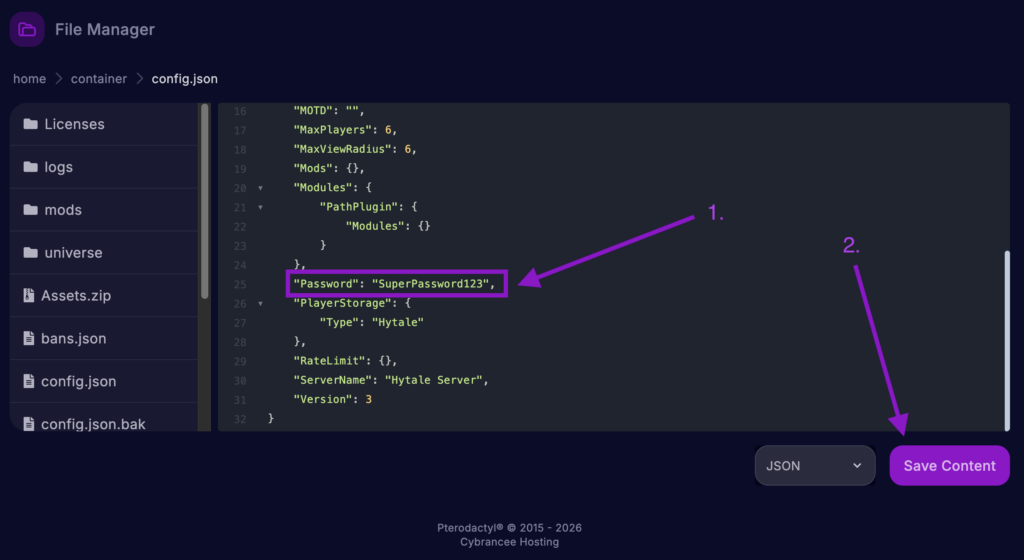 Cybrancee File Manager displaying the config.json file with the Password field set and the 'Save Content' button highlighted.