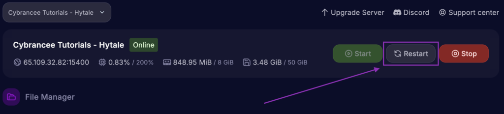 Cybrancee Panel dashboard showing the 'Restart' button highlighted for a Hytale server.