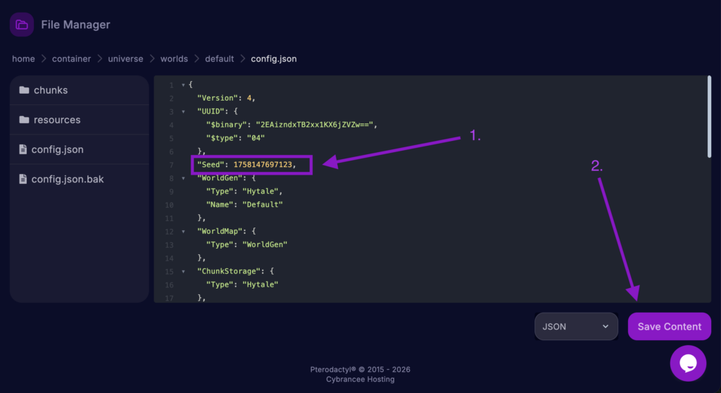 Cybrancee File Manager displaying the config.json file for the 'default' world, with the Seed field set and the 'Save Content' button highlighted for a Hytale server.