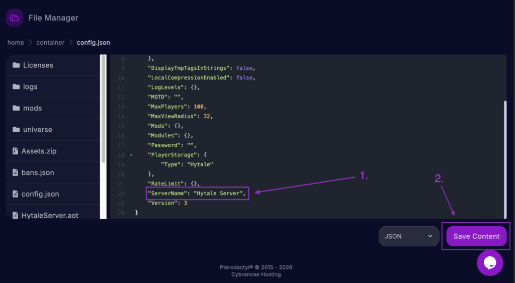 Cybrancee File Manager displaying the config.json file with the ServerName field highlighted for a Hytale server.