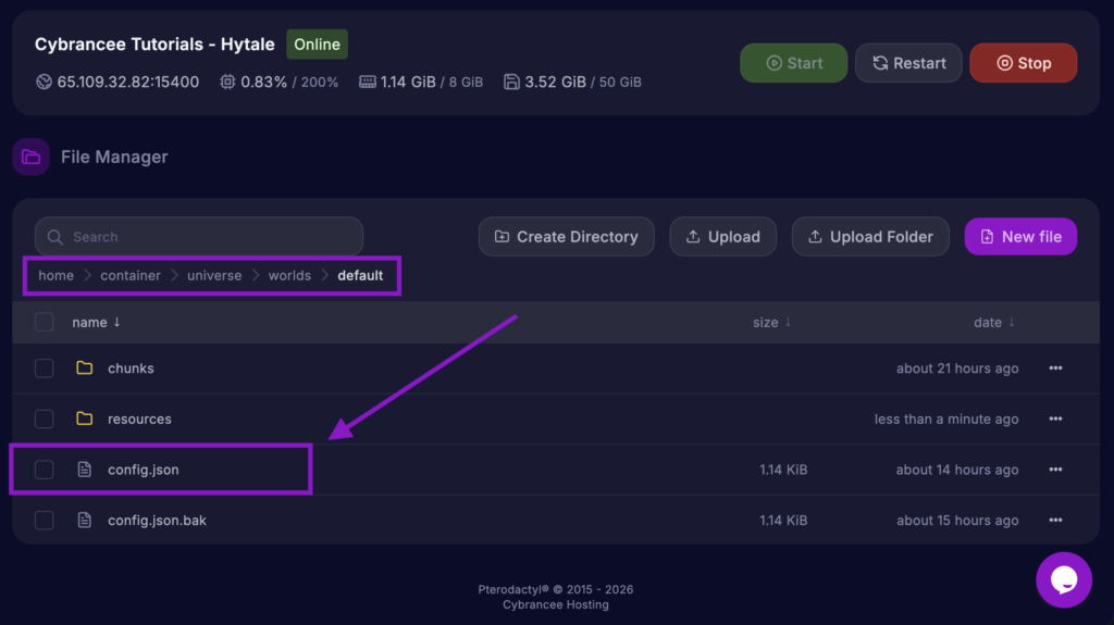 Cybrancee Panel File Manager with world config.json file highlighted for a Hytale server.