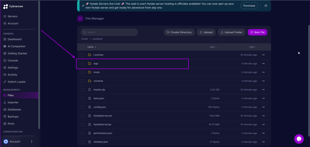 Cybrancee Panel logs folder - Hytale
