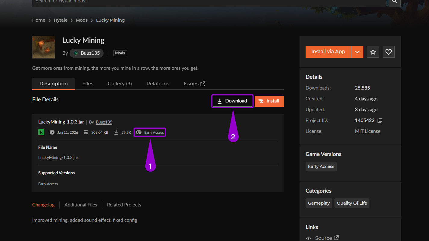 'Lucky Mining' mod library curseforge main page