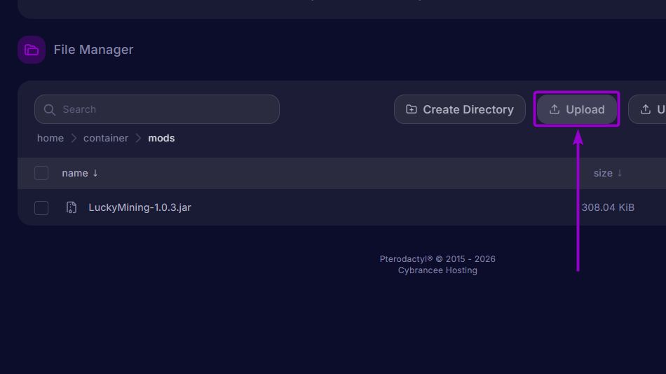LuckyMining 'Upload' button outlined with arrow - Hytale CB Panel 