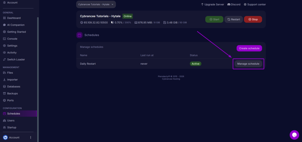 Manage Schedule Hytale Restart