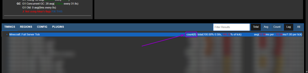 'Minecraft Full Server Tick' line outlined with arrow