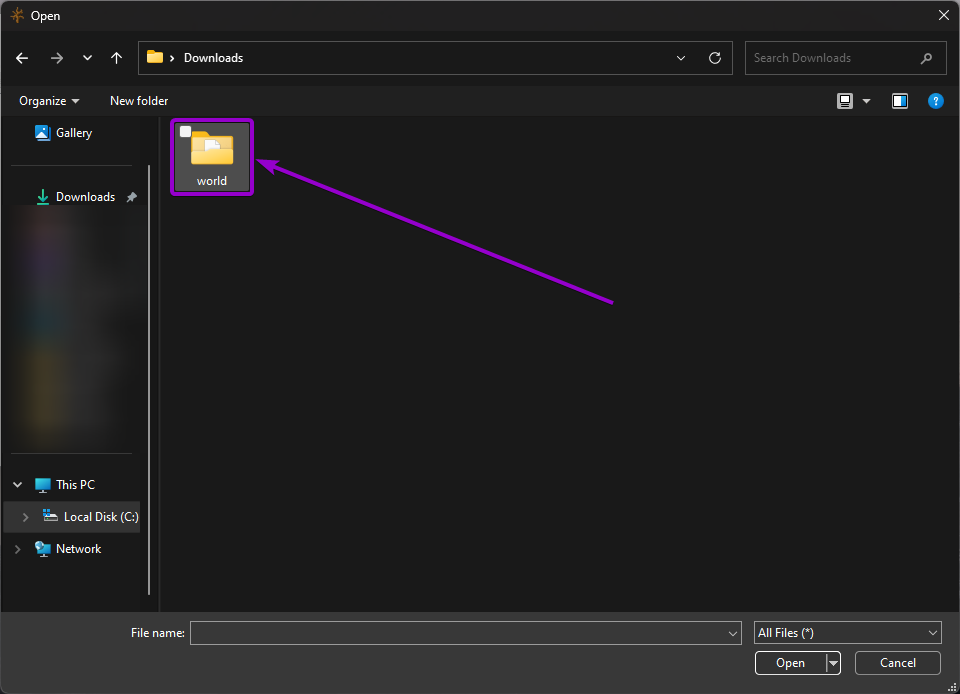 Minecraft 'world' folder outlined with arrow from the file explorer