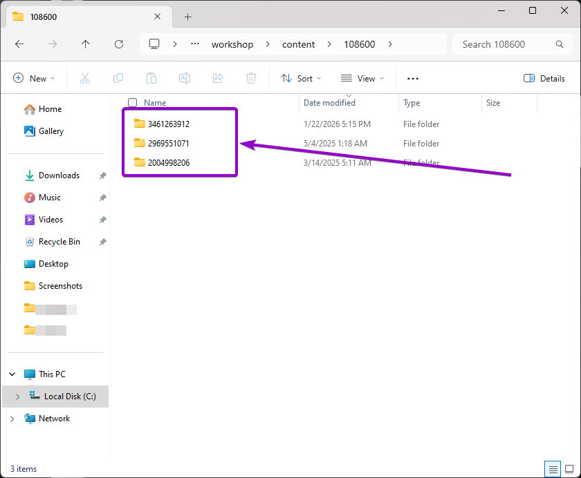 Mods in the 'content' folder outlined with arrow
