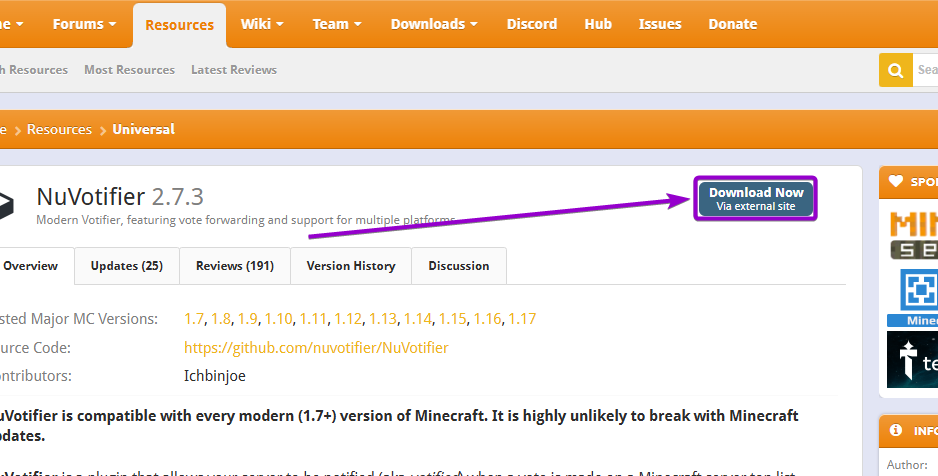 'NuVotifier' plugin download button outlined with arrow