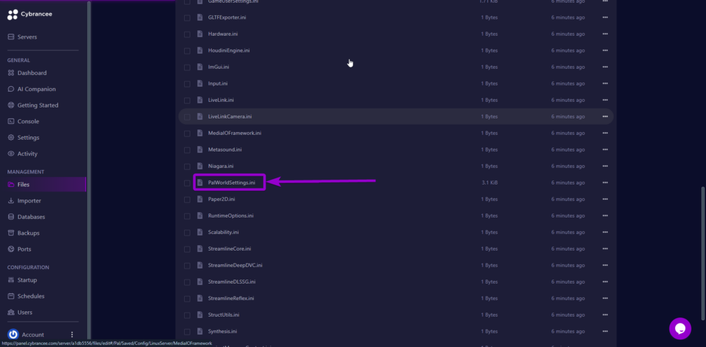 'PalWorldSetting' file outlined with arrow