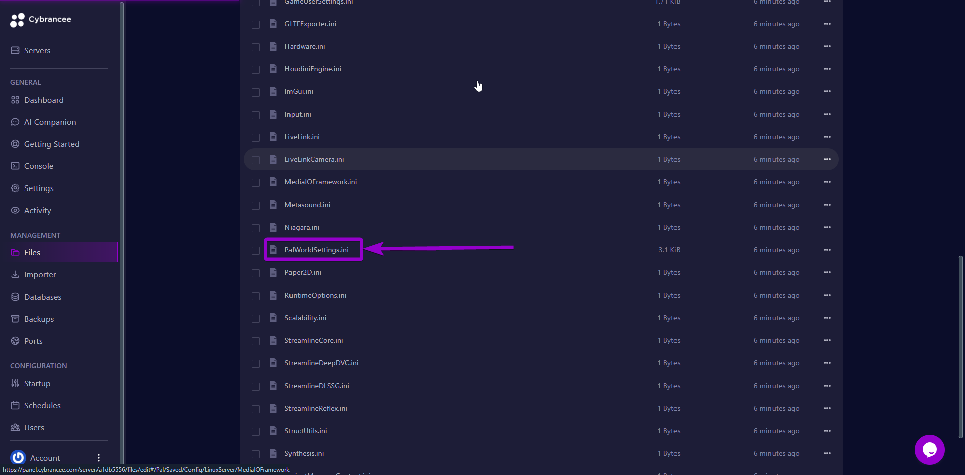 'PalWorldSetting' file outlined with arrow