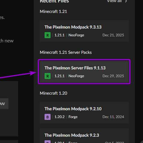 'Pixelmon' modpack file version for servers outlined with arrow