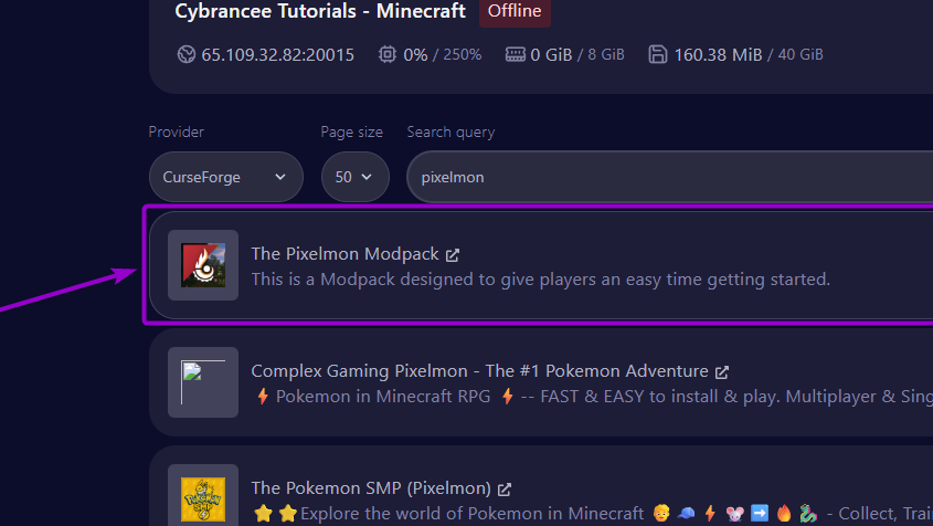 'Pixelmon' modpack in the list outlined with arrow
