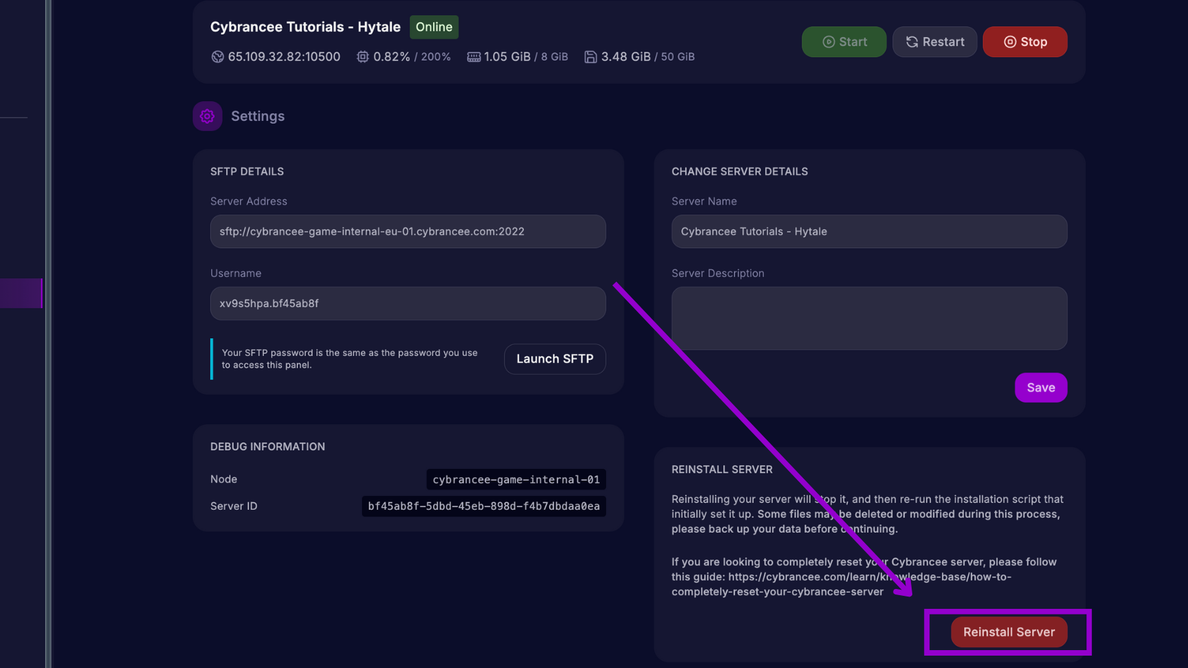 Reinstall Server Tab - Backups Tab Hytale Server Panel