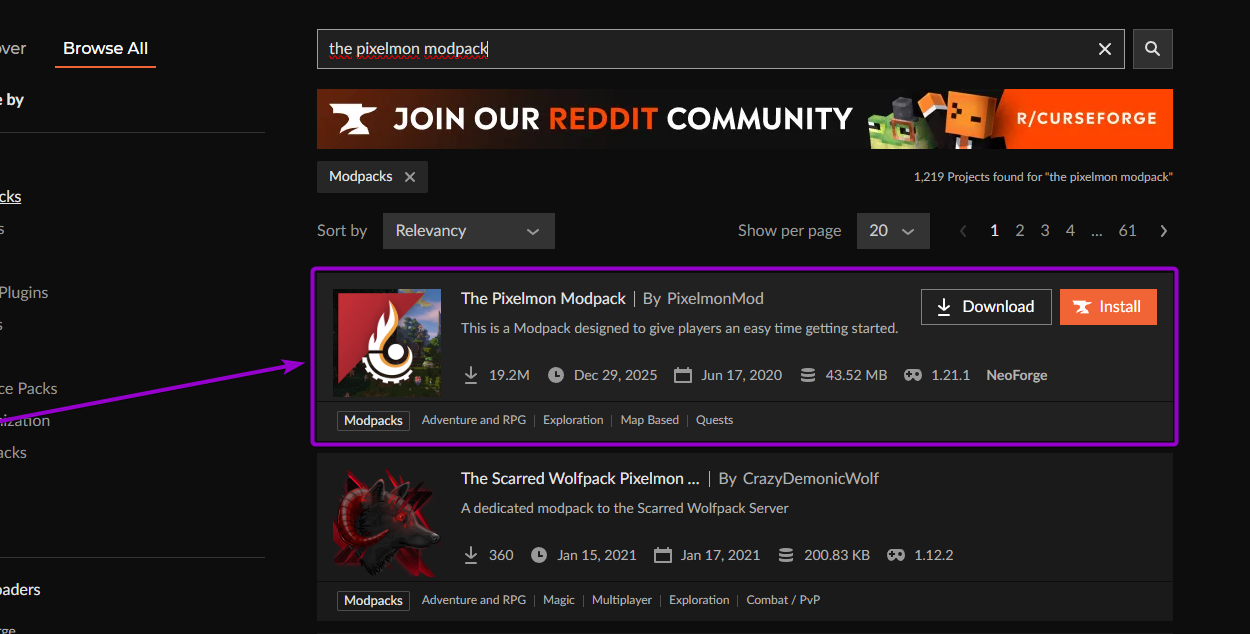 Search for 'Pixelmon' modpack