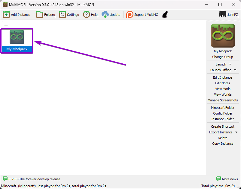 Selected instance in the MultiMC launcher