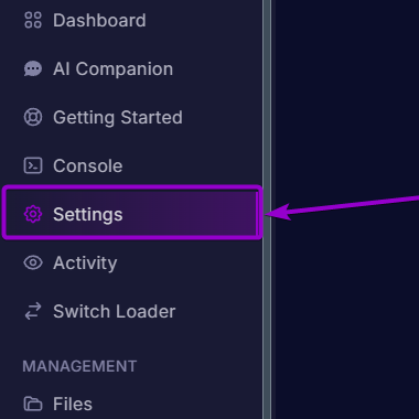'Settings' tab outlined with arrow - Cybrancee Panel