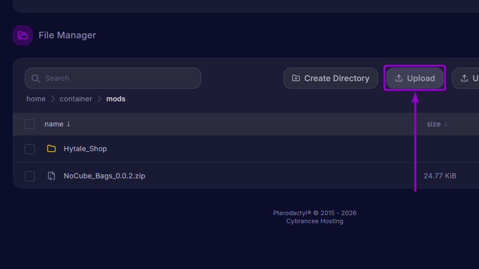 Simple Bags 'Upload' button outlined with arrow - Hytale CB Panel