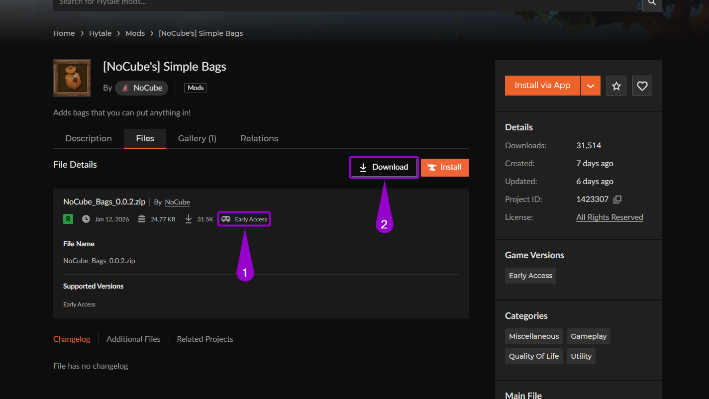 'Simple Bags' mod library curseforge main page