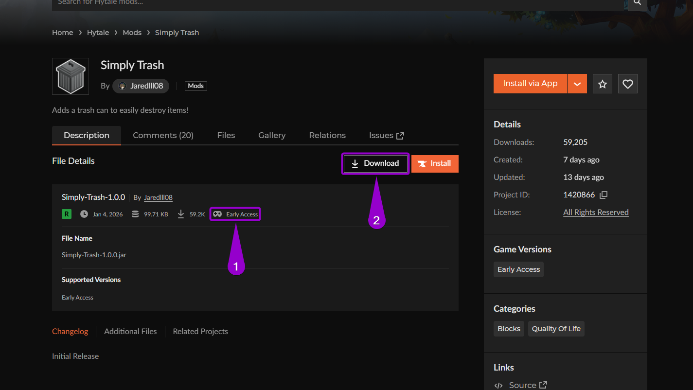 'Simply Trash' mod library curseforge main page