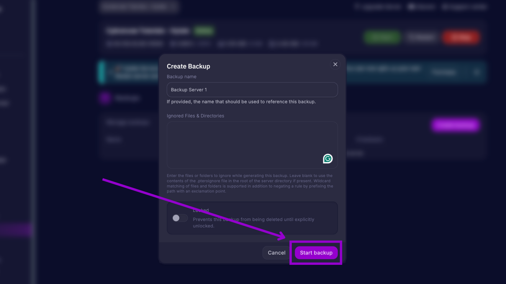 Start Backups Tab Hytale Server Panel